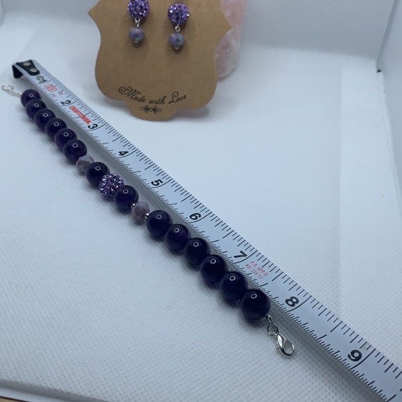 Handmade Amethyst Semiprecious Stone Silver Plated Adjustable Bracelet Earrings - Picture 5 of 6